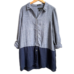 TAHARI 100% LINEN 2 tone BLUE color block chambray button down shirt size 1X